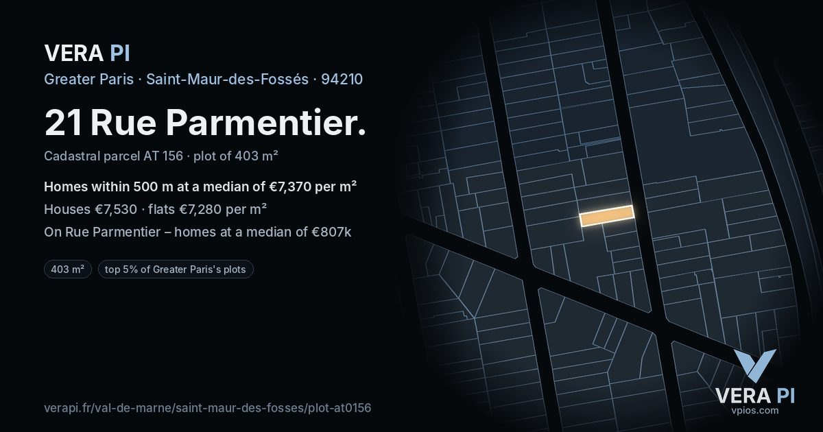 21 Rue Parmentier, Saint-Maur-des-Fossés at night – the plot lit, the parcels around coloured by the prices near them