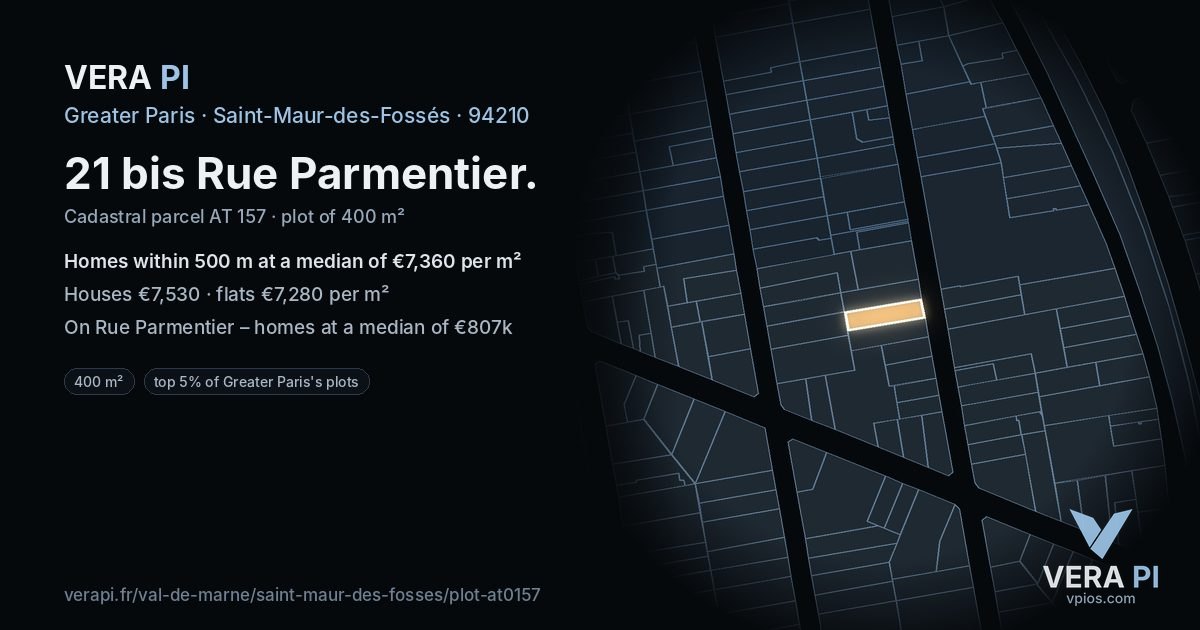 21 bis Rue Parmentier, Saint-Maur-des-Fossés at night – the plot lit, the parcels around coloured by the prices near them