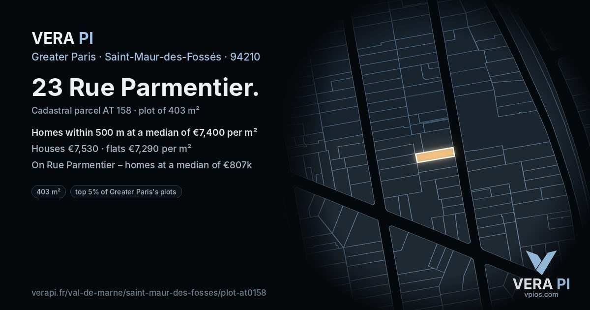 23 Rue Parmentier, Saint-Maur-des-Fossés at night – the plot lit, the parcels around coloured by the prices near them