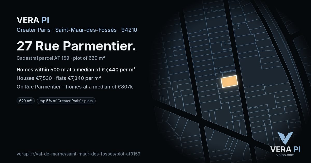 27 Rue Parmentier, Saint-Maur-des-Fossés at night – the plot lit, the parcels around coloured by the prices near them