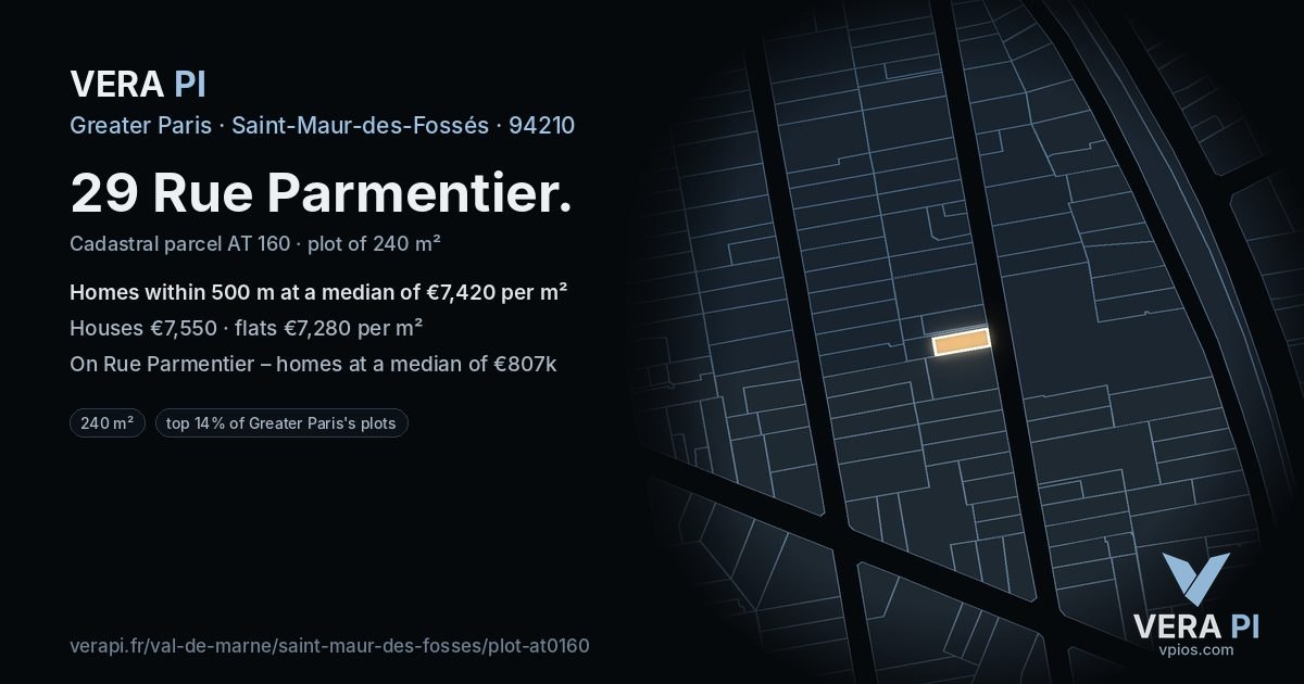 29 Rue Parmentier, Saint-Maur-des-Fossés at night – the plot lit, the parcels around coloured by the prices near them