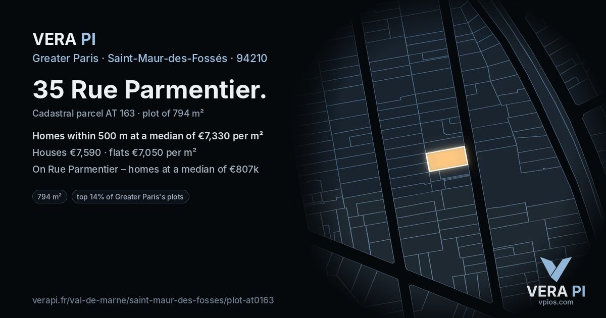 35 Rue Parmentier, Saint-Maur-des-Fossés at night – the plot lit, the parcels around coloured by the prices near them