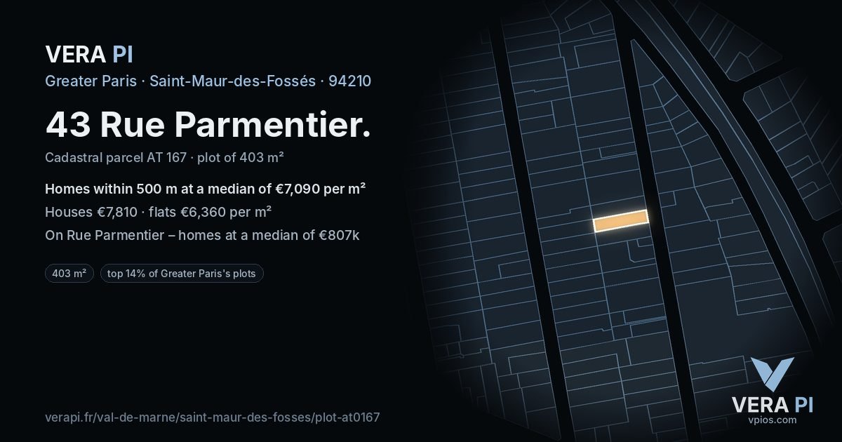 43 Rue Parmentier, Saint-Maur-des-Fossés at night – the plot lit, the parcels around coloured by the prices near them