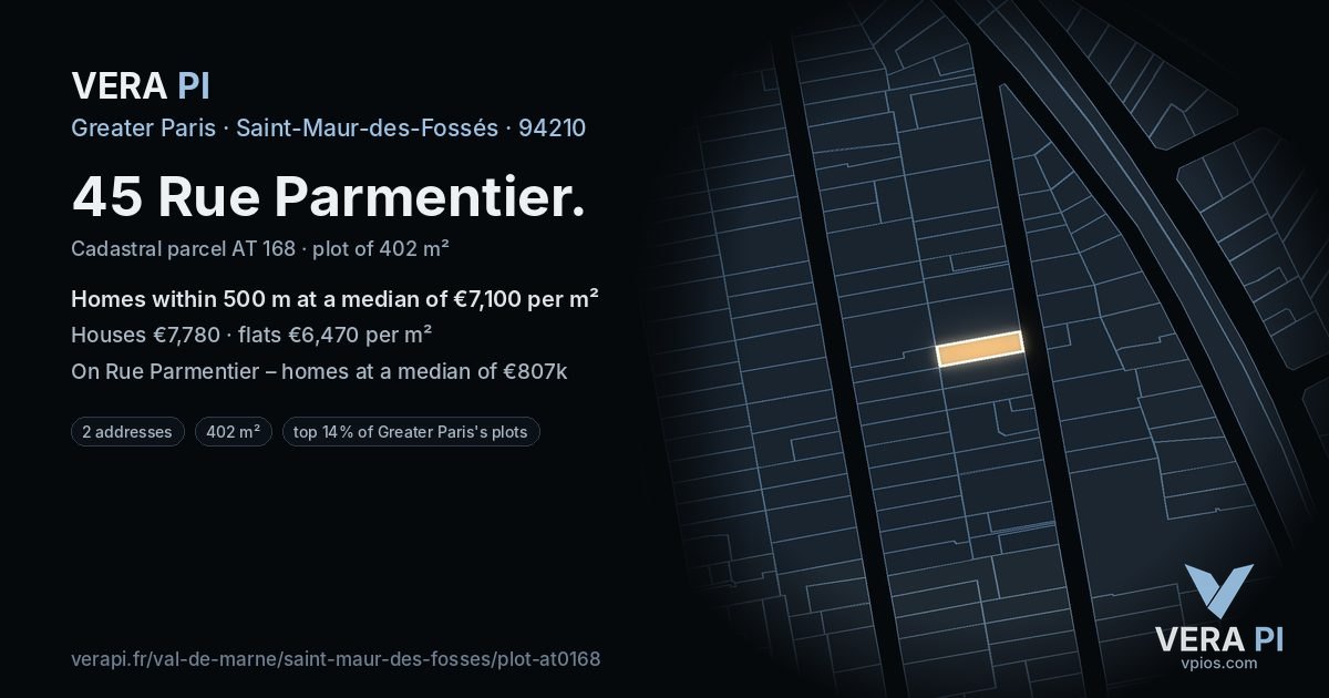 45 Rue Parmentier, Saint-Maur-des-Fossés at night – the plot lit, the parcels around coloured by the prices near them