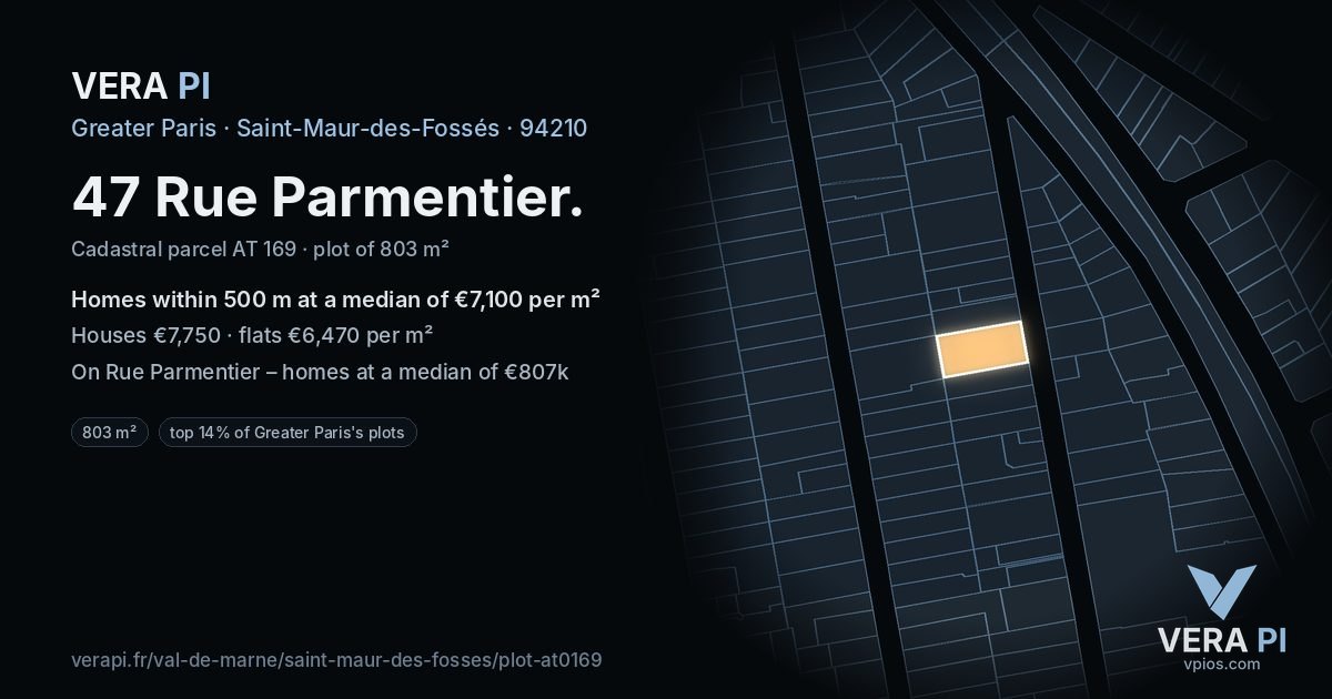 47 Rue Parmentier, Saint-Maur-des-Fossés at night – the plot lit, the parcels around coloured by the prices near them