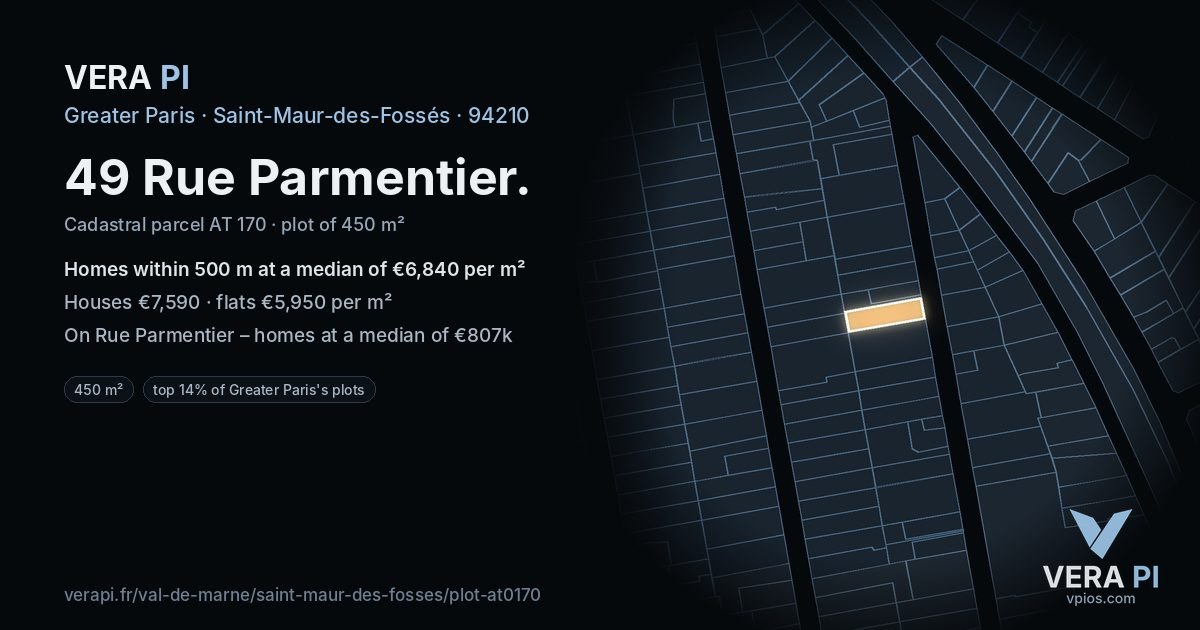 49 Rue Parmentier, Saint-Maur-des-Fossés at night – the plot lit, the parcels around coloured by the prices near them