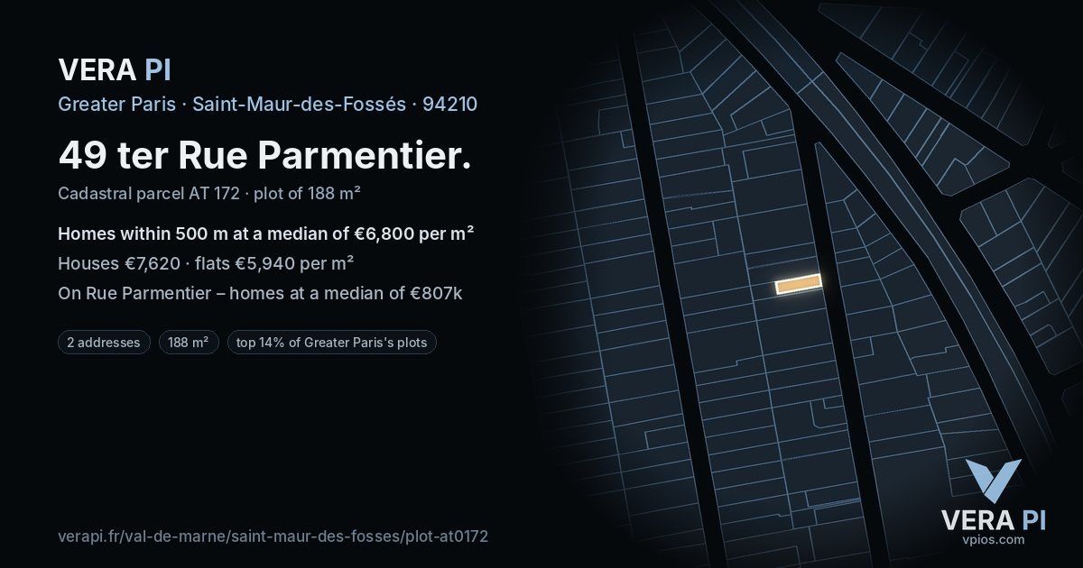 49 ter Rue Parmentier, Saint-Maur-des-Fossés at night – the plot lit, the parcels around coloured by the prices near them