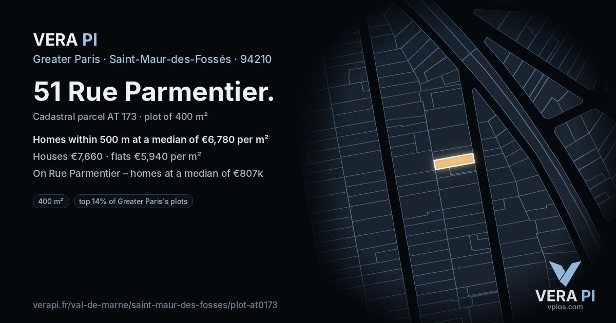 51 Rue Parmentier, Saint-Maur-des-Fossés at night – the plot lit, the parcels around coloured by the prices near them