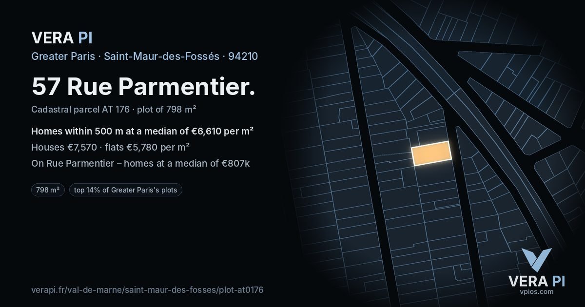 57 Rue Parmentier, Saint-Maur-des-Fossés at night – the plot lit, the parcels around coloured by the prices near them