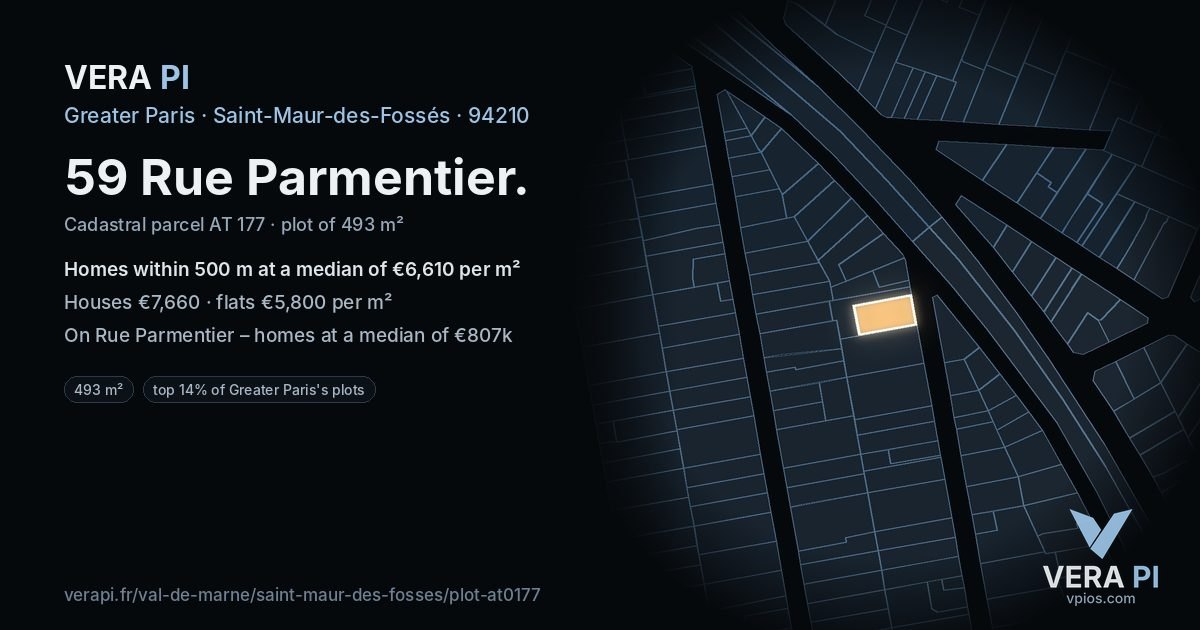 59 Rue Parmentier, Saint-Maur-des-Fossés at night – the plot lit, the parcels around coloured by the prices near them