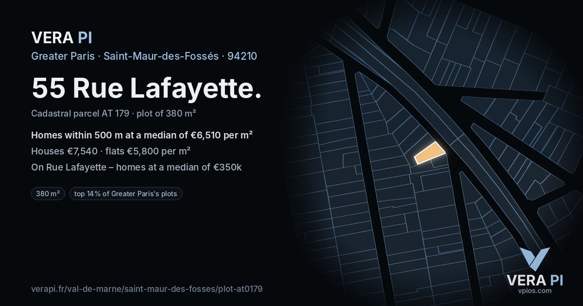 55 Rue Lafayette, Saint-Maur-des-Fossés at night – the plot lit, the parcels around coloured by the prices near them