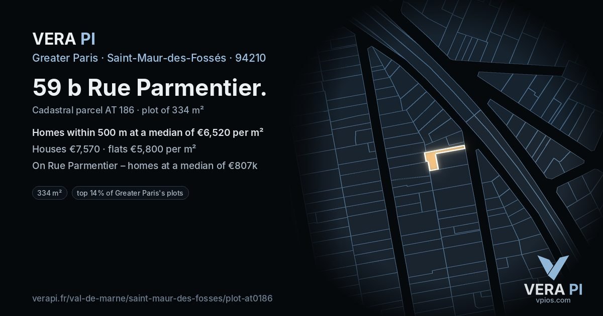 59 b Rue Parmentier, Saint-Maur-des-Fossés at night – the plot lit, the parcels around coloured by the prices near them