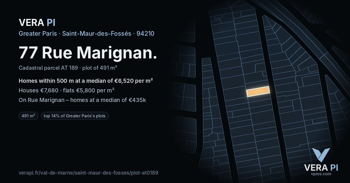 77 Rue Marignan, Saint-Maur-des-Fossés at night – the plot lit, the parcels around coloured by the prices near them