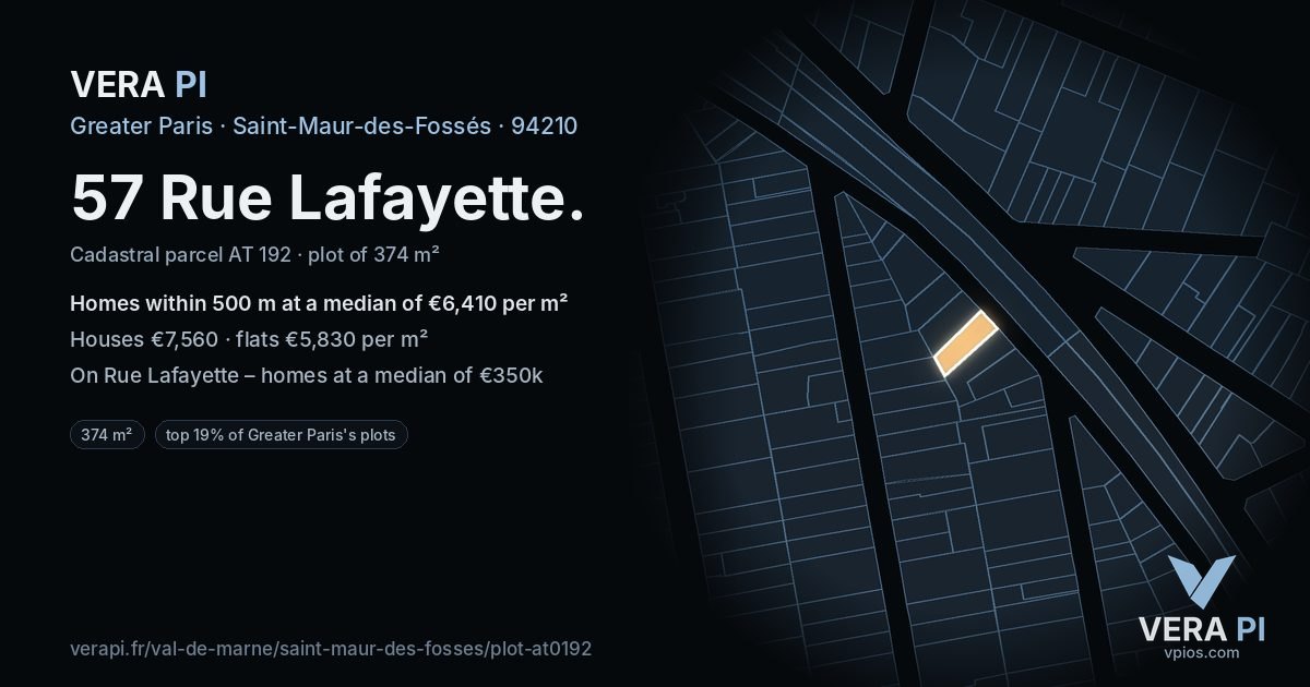 57 Rue Lafayette, Saint-Maur-des-Fossés at night – the plot lit, the parcels around coloured by the prices near them