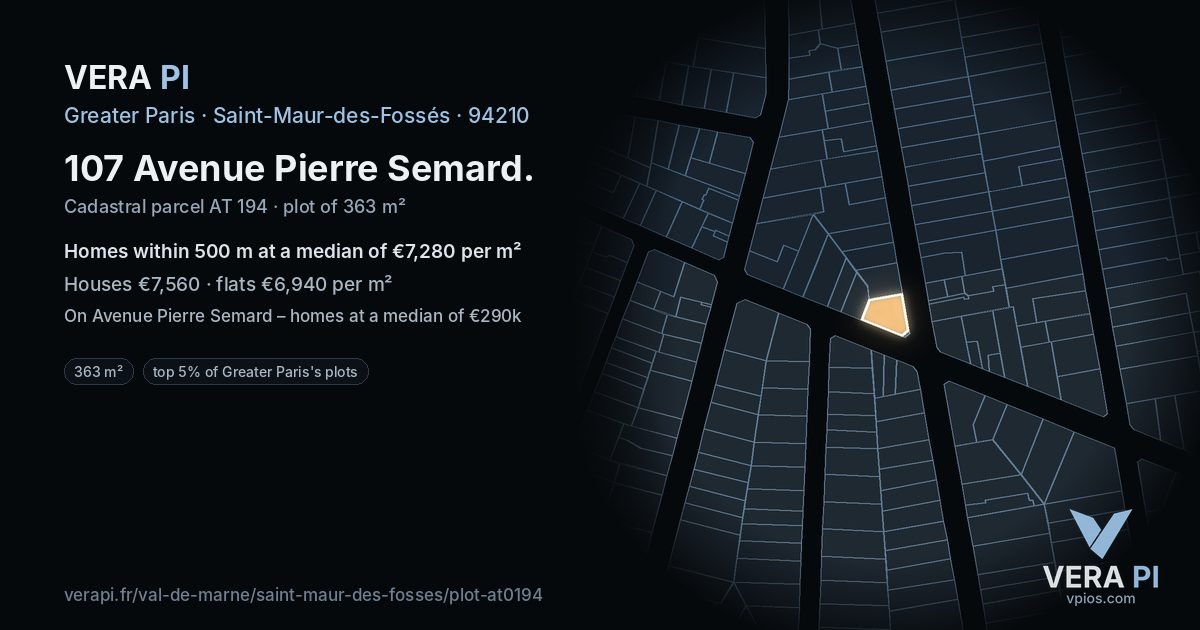 107 Avenue Pierre Semard, Saint-Maur-des-Fossés at night – the plot lit, the parcels around coloured by the prices near them