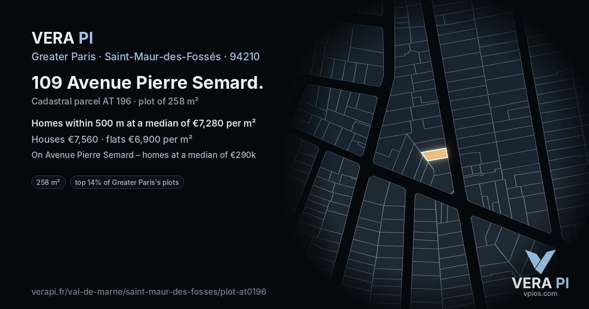 109 Avenue Pierre Semard, Saint-Maur-des-Fossés at night – the plot lit, the parcels around coloured by the prices near them