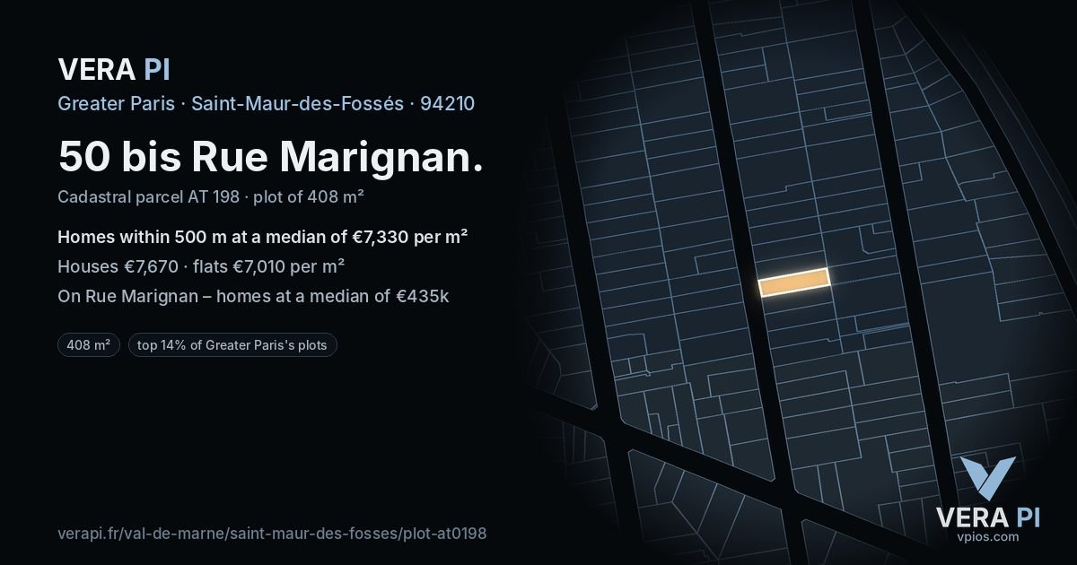 50 bis Rue Marignan, Saint-Maur-des-Fossés at night – the plot lit, the parcels around coloured by the prices near them