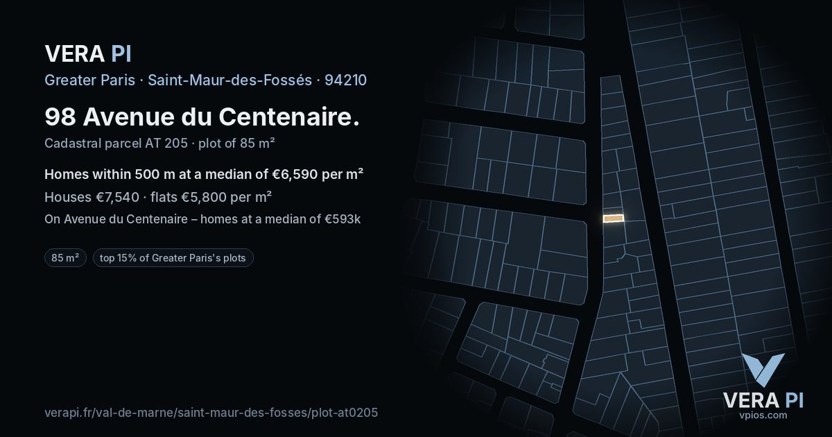 98 Avenue du Centenaire, Saint-Maur-des-Fossés at night – the plot lit, the parcels around coloured by the prices near them