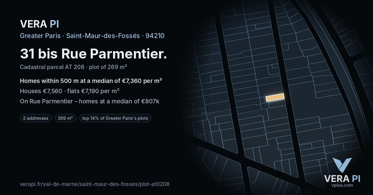31 bis Rue Parmentier, Saint-Maur-des-Fossés at night – the plot lit, the parcels around coloured by the prices near them