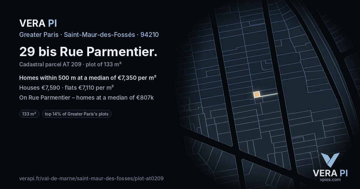 29 bis Rue Parmentier, Saint-Maur-des-Fossés at night – the plot lit, the parcels around coloured by the prices near them