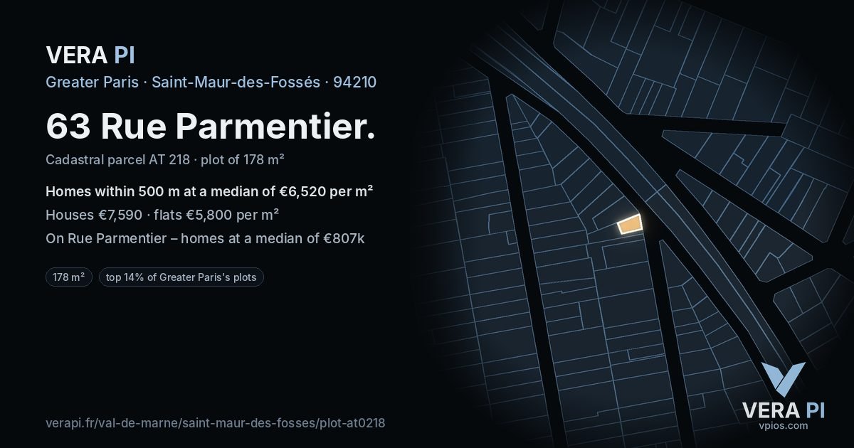 63 Rue Parmentier, Saint-Maur-des-Fossés at night – the plot lit, the parcels around coloured by the prices near them