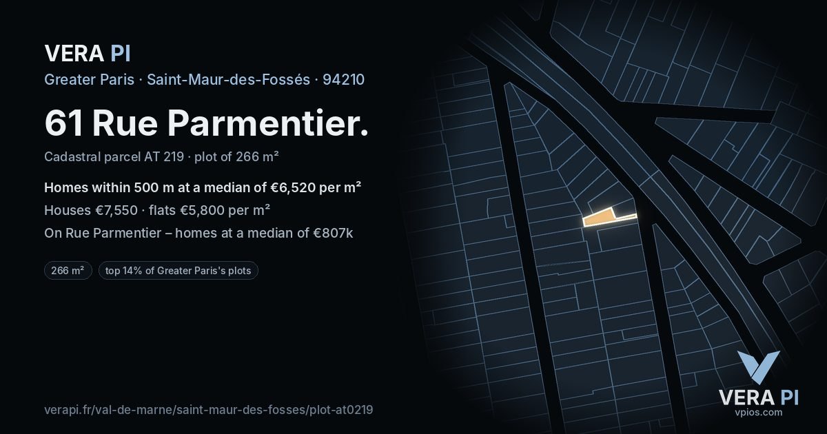 61 Rue Parmentier, Saint-Maur-des-Fossés at night – the plot lit, the parcels around coloured by the prices near them