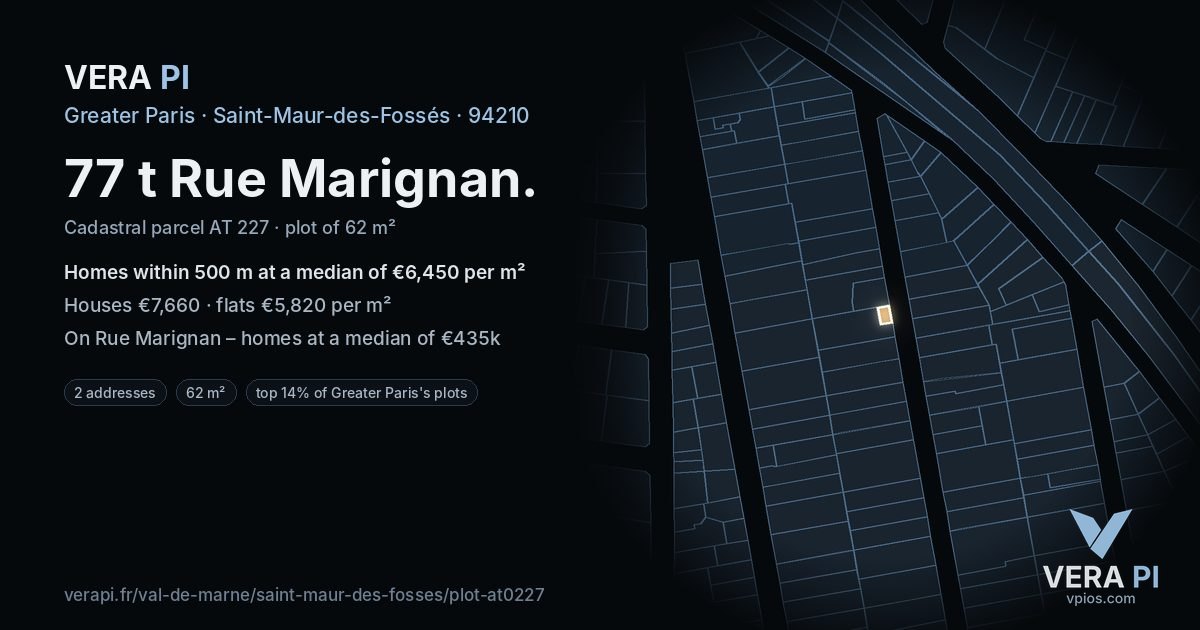 77 t Rue Marignan, Saint-Maur-des-Fossés at night – the plot lit, the parcels around coloured by the prices near them