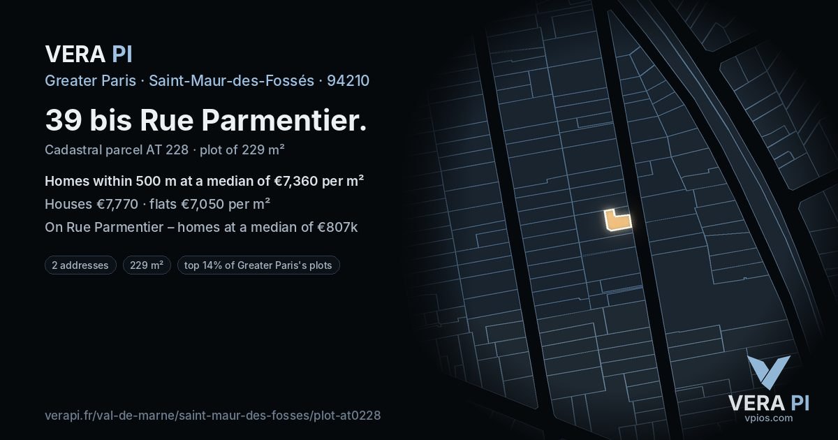 39 bis Rue Parmentier, Saint-Maur-des-Fossés at night – the plot lit, the parcels around coloured by the prices near them