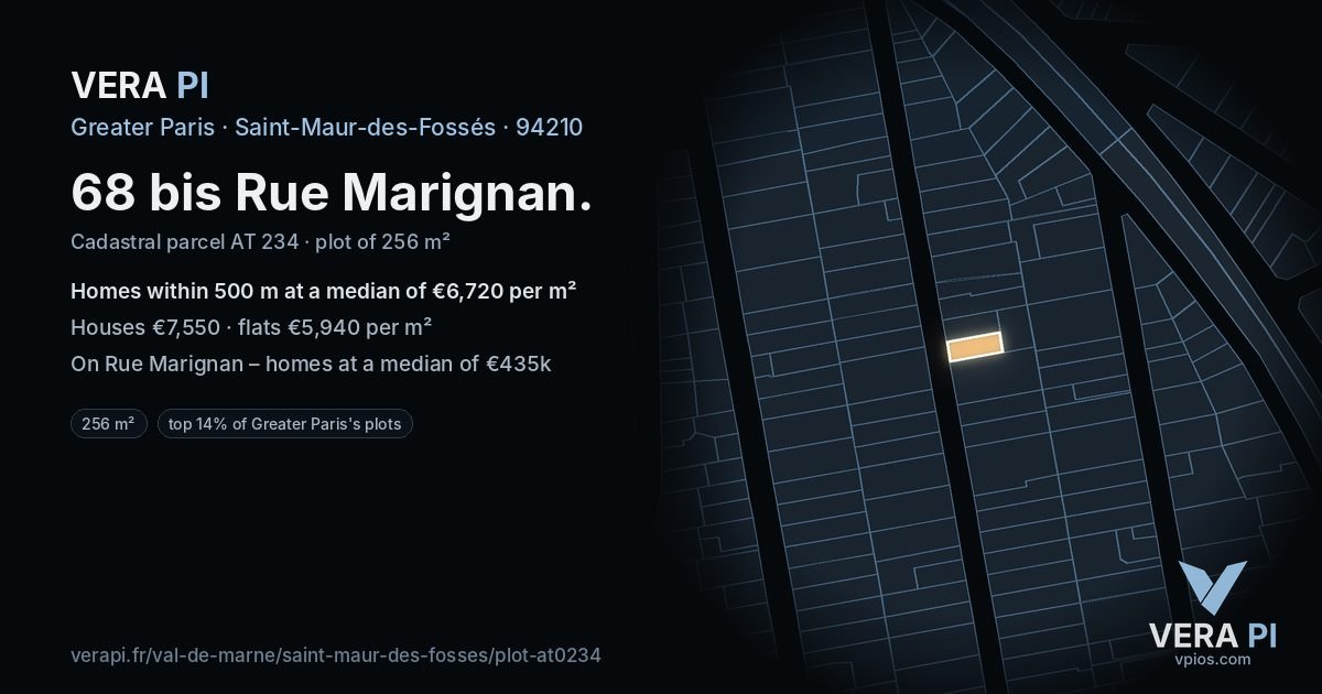68 bis Rue Marignan, Saint-Maur-des-Fossés at night – the plot lit, the parcels around coloured by the prices near them