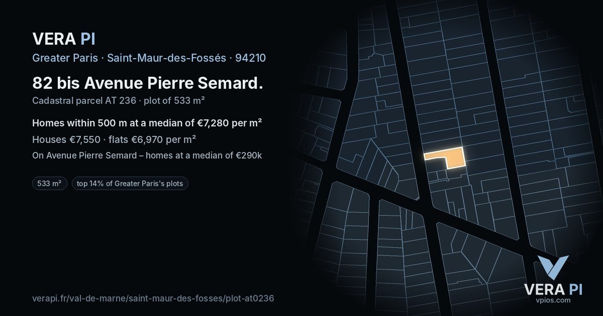 82 bis Avenue Pierre Semard, Saint-Maur-des-Fossés at night – the plot lit, the parcels around coloured by the prices near them