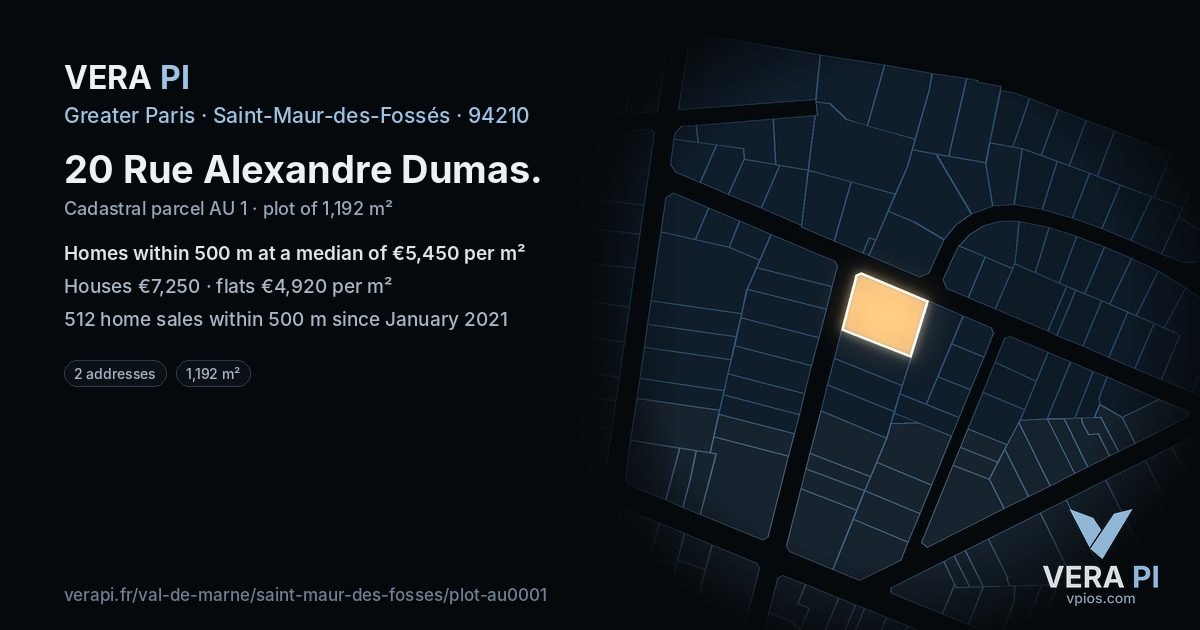 20 Rue Alexandre Dumas, Saint-Maur-des-Fossés at night – the plot lit, the parcels around coloured by the prices near them