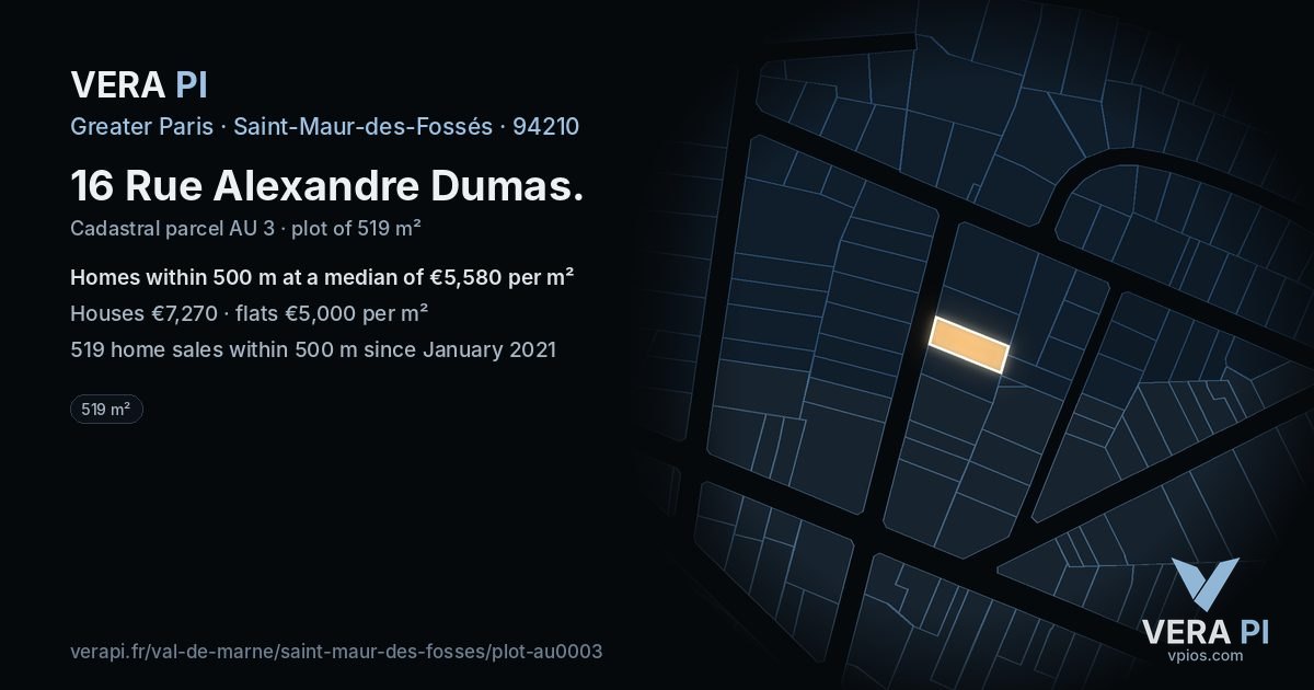 16 Rue Alexandre Dumas, Saint-Maur-des-Fossés at night – the plot lit, the parcels around coloured by the prices near them