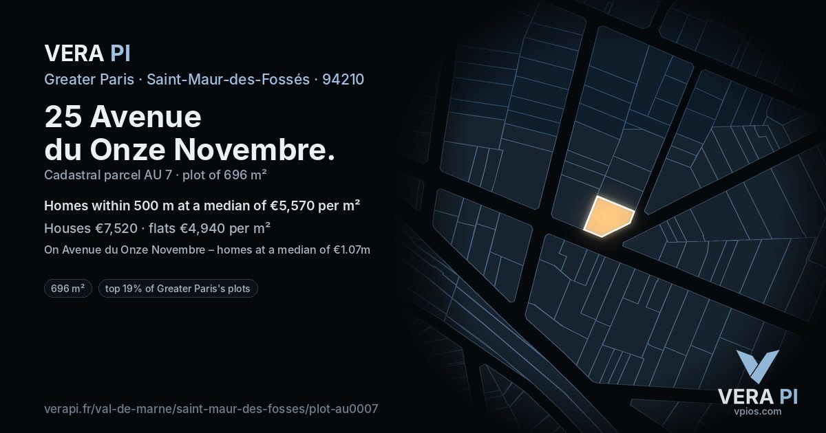 25 Avenue du Onze Novembre, Saint-Maur-des-Fossés at night – the plot lit, the parcels around coloured by the prices near them
