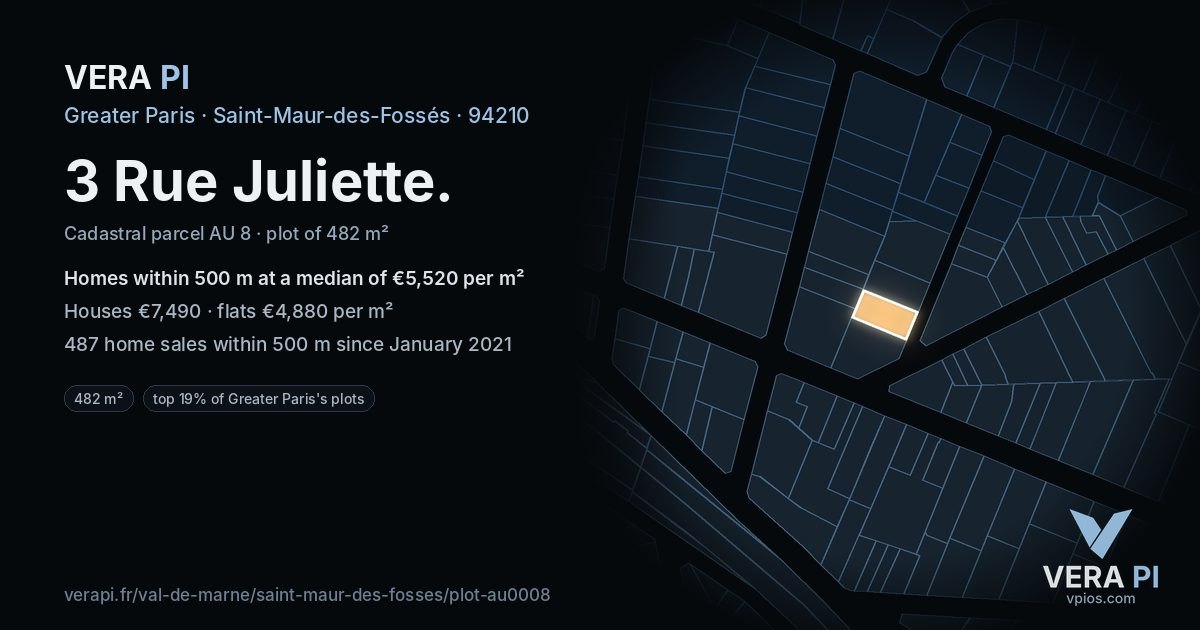 3 Rue Juliette, Saint-Maur-des-Fossés at night – the plot lit, the parcels around coloured by the prices near them