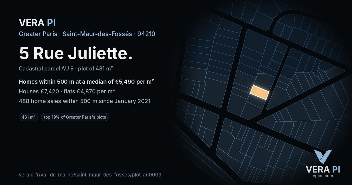 5 Rue Juliette, Saint-Maur-des-Fossés at night – the plot lit, the parcels around coloured by the prices near them