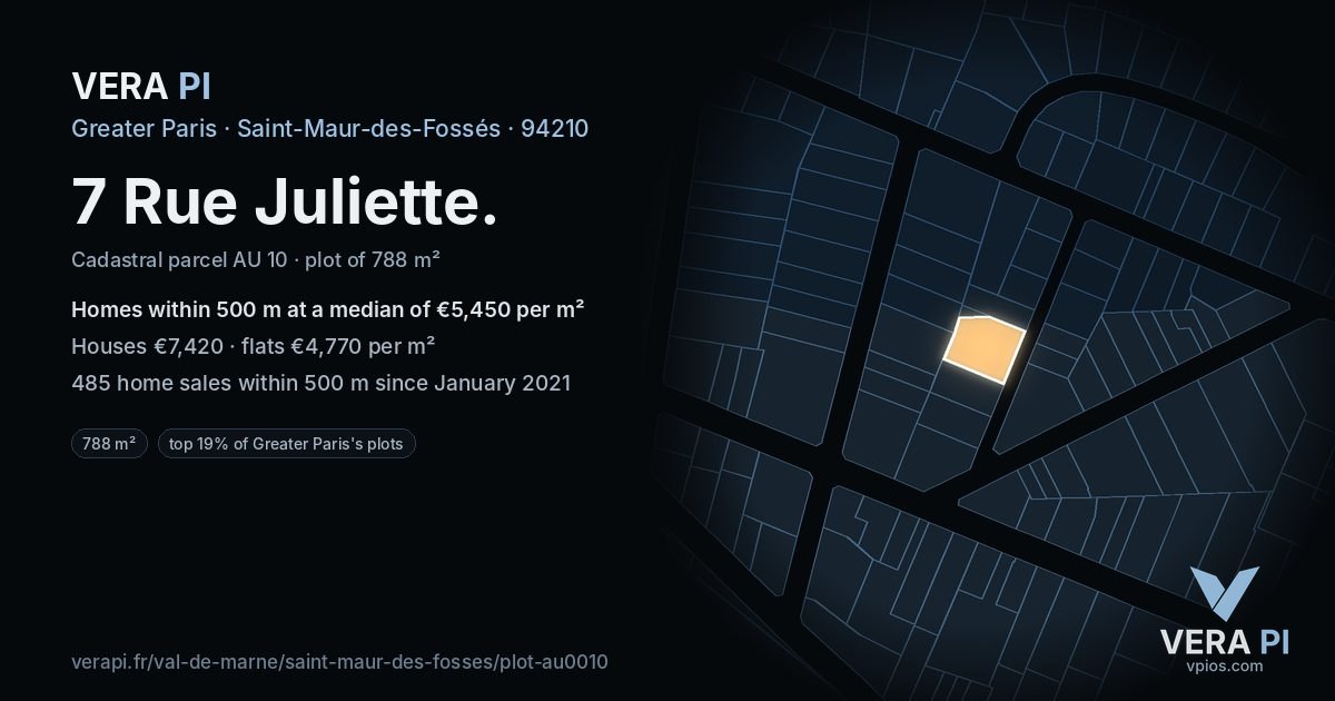 7 Rue Juliette, Saint-Maur-des-Fossés at night – the plot lit, the parcels around coloured by the prices near them
