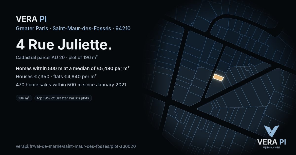 4 Rue Juliette, Saint-Maur-des-Fossés at night – the plot lit, the parcels around coloured by the prices near them