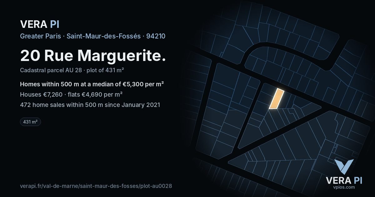 20 Rue Marguerite, Saint-Maur-des-Fossés at night – the plot lit, the parcels around coloured by the prices near them