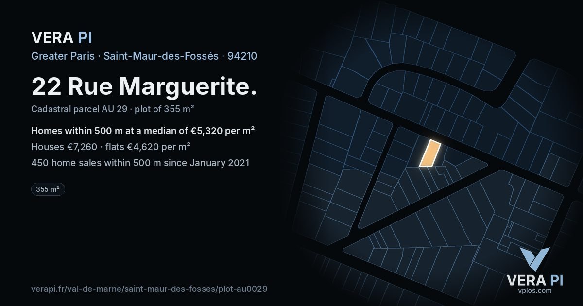 22 Rue Marguerite, Saint-Maur-des-Fossés at night – the plot lit, the parcels around coloured by the prices near them