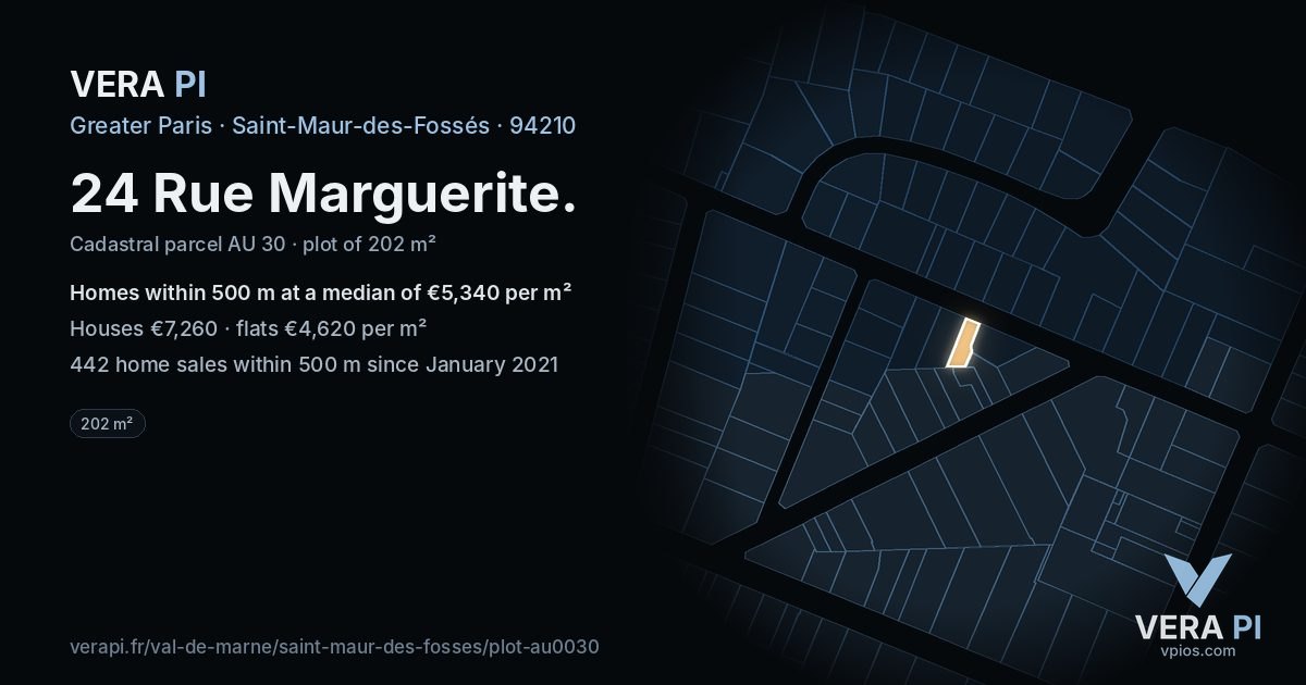 24 Rue Marguerite, Saint-Maur-des-Fossés at night – the plot lit, the parcels around coloured by the prices near them
