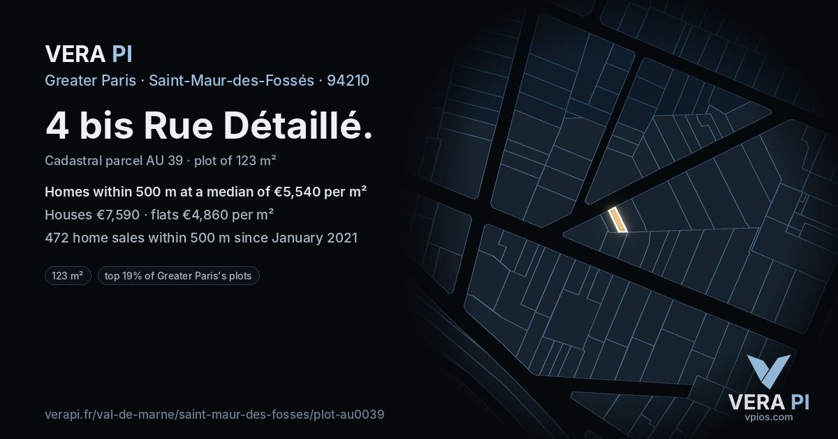 4 bis Rue Détaillé, Saint-Maur-des-Fossés at night – the plot lit, the parcels around coloured by the prices near them
