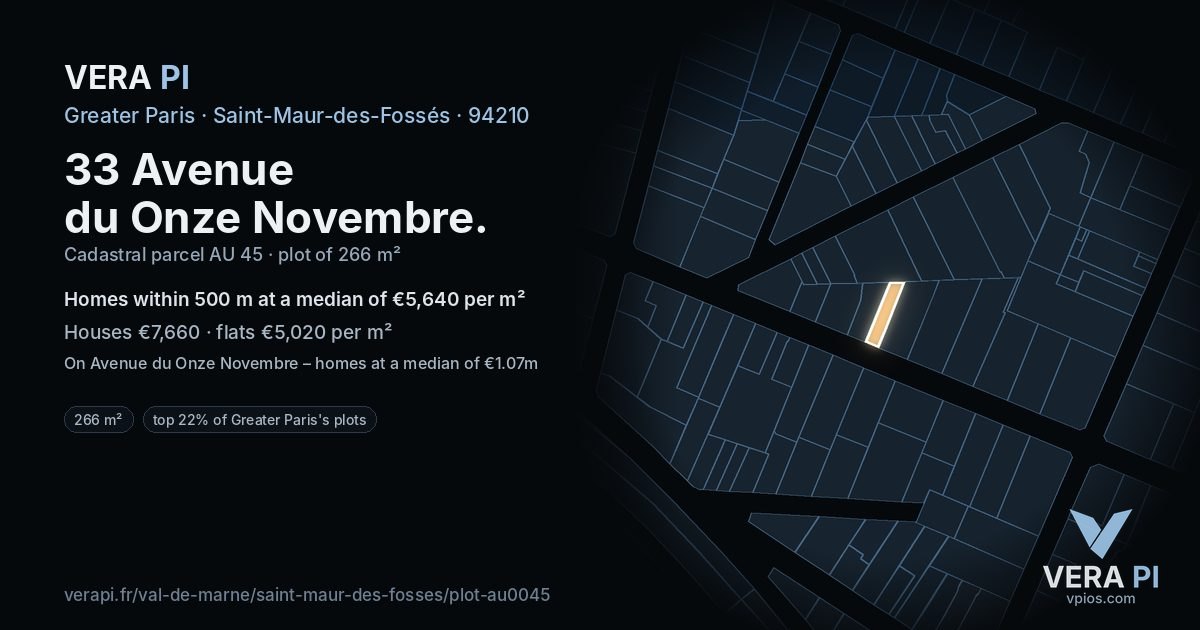33 Avenue du Onze Novembre, Saint-Maur-des-Fossés at night – the plot lit, the parcels around coloured by the prices near them