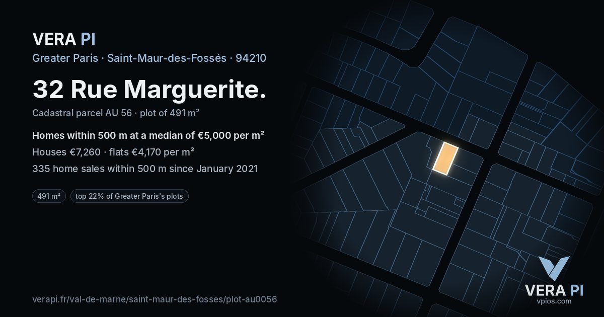 32 Rue Marguerite, Saint-Maur-des-Fossés at night – the plot lit, the parcels around coloured by the prices near them