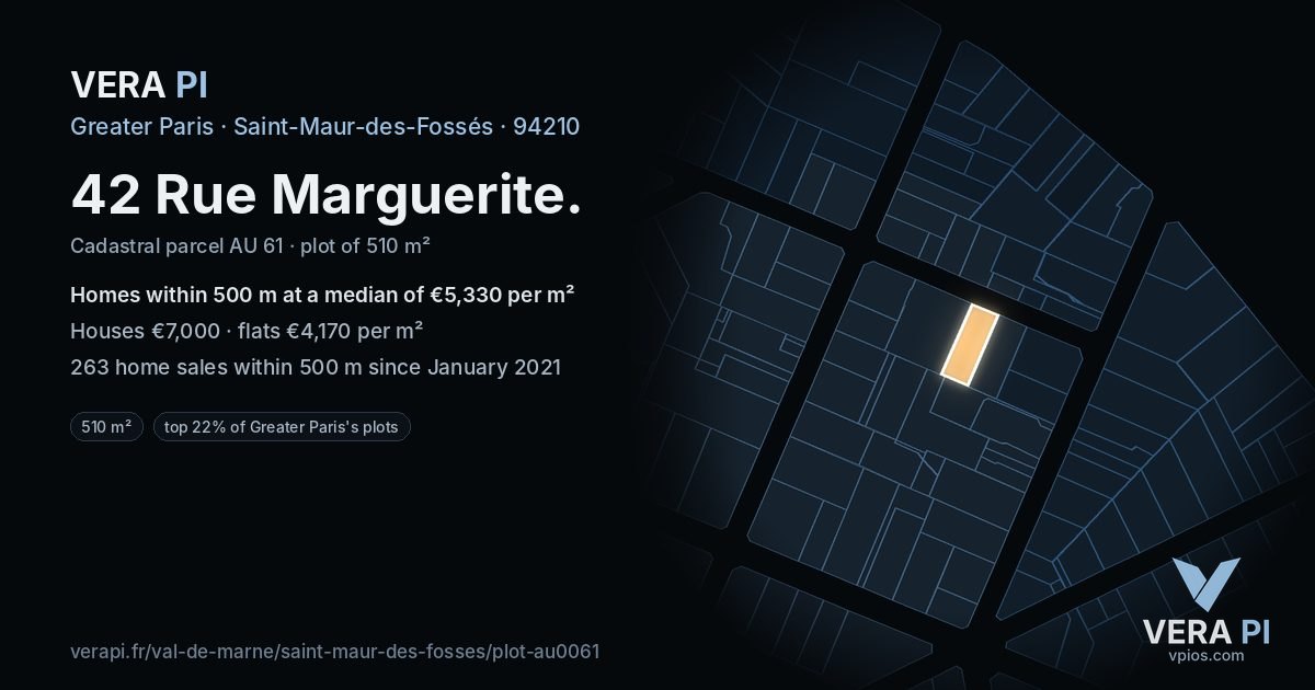 42 Rue Marguerite, Saint-Maur-des-Fossés at night – the plot lit, the parcels around coloured by the prices near them