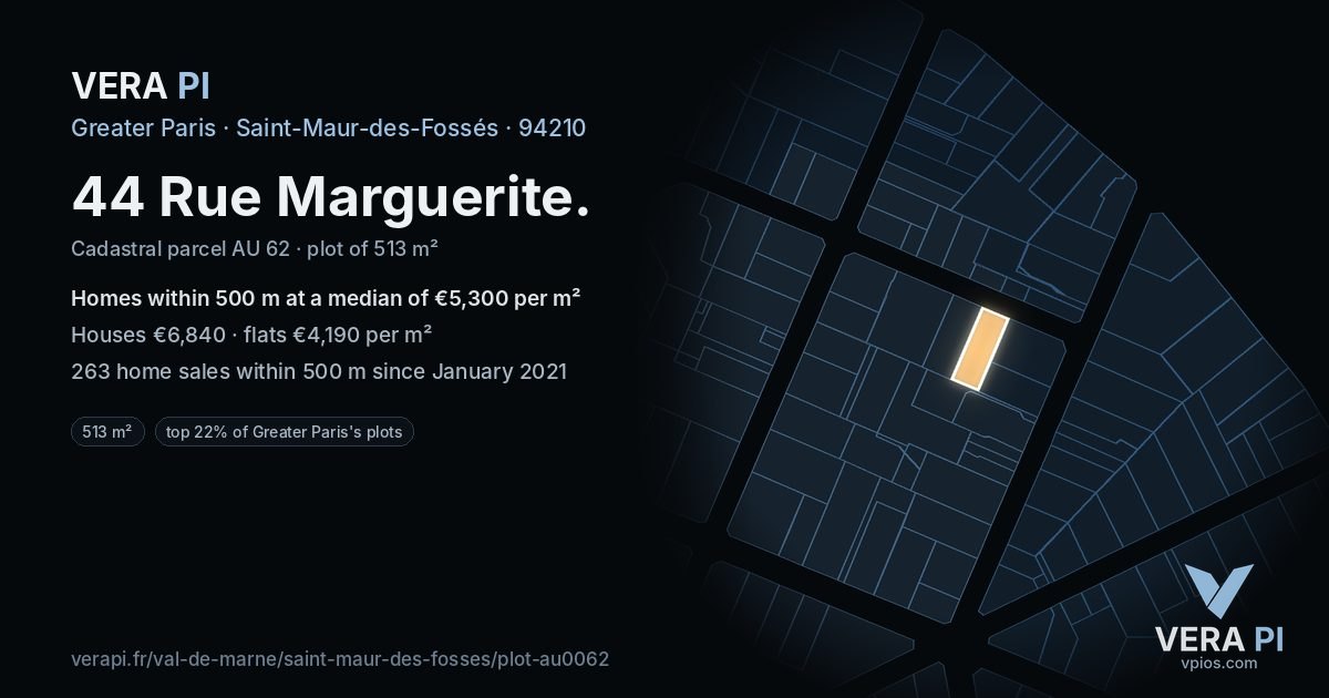 44 Rue Marguerite, Saint-Maur-des-Fossés at night – the plot lit, the parcels around coloured by the prices near them