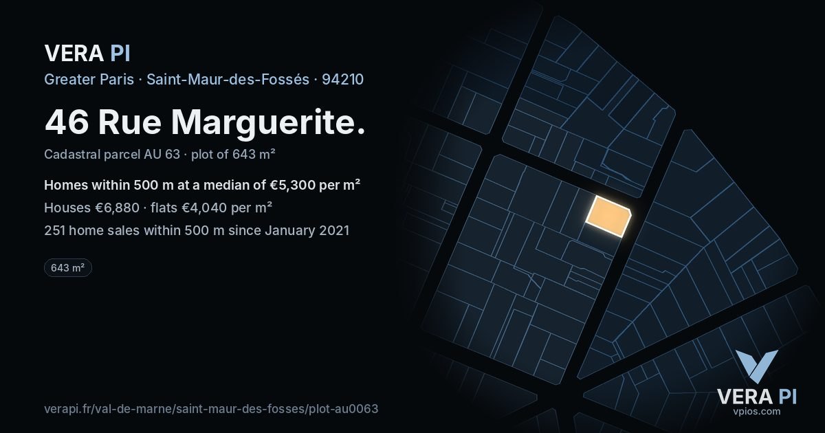46 Rue Marguerite, Saint-Maur-des-Fossés at night – the plot lit, the parcels around coloured by the prices near them