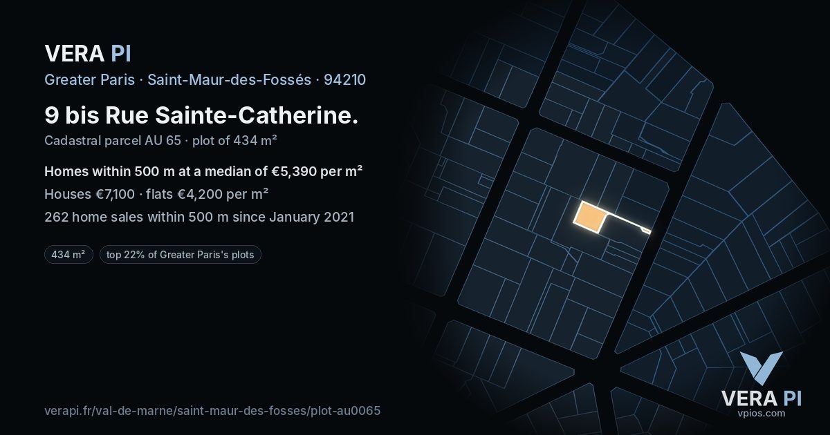 9 bis Rue Sainte-Catherine, Saint-Maur-des-Fossés at night – the plot lit, the parcels around coloured by the prices near them