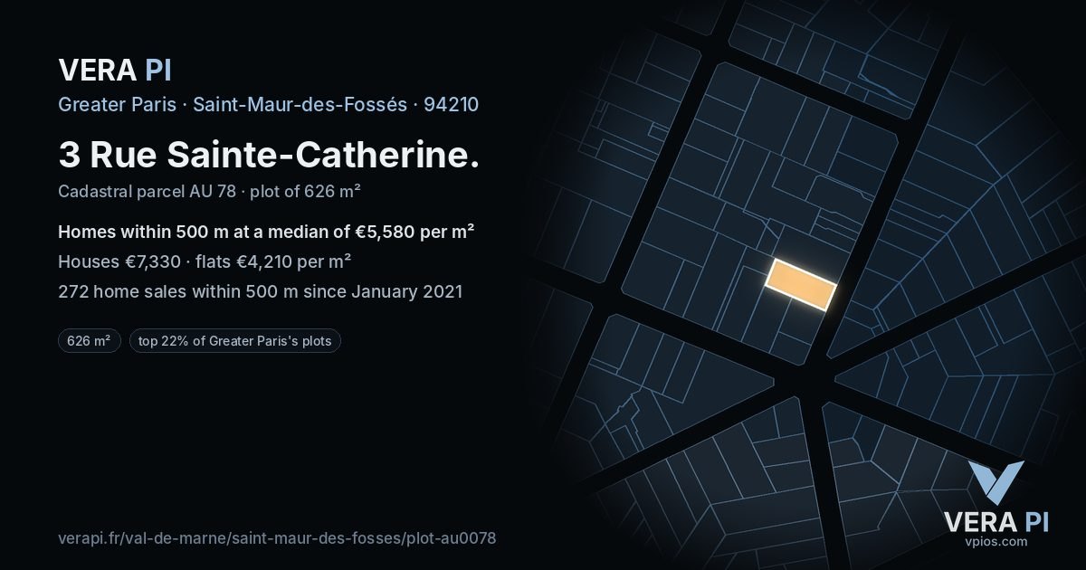 3 Rue Sainte-Catherine, Saint-Maur-des-Fossés at night – the plot lit, the parcels around coloured by the prices near them