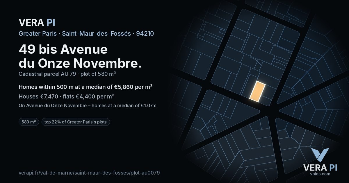 49 bis Avenue du Onze Novembre, Saint-Maur-des-Fossés at night – the plot lit, the parcels around coloured by the prices near them