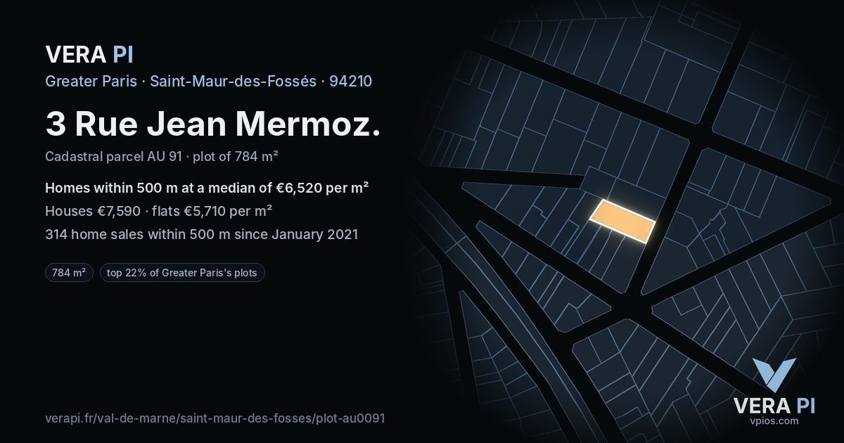 3 Rue Jean Mermoz, Saint-Maur-des-Fossés at night – the plot lit, the parcels around coloured by the prices near them